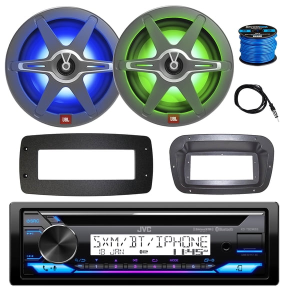 JVC KD-T92MBS Single DIN Marine Bluetooth USB AUX AM/FM Stereo CD Player Receiver w/SPA Bezel, Adapter Plate, 2x 8" 450 Watt 2-Way Multicolor LED Audio Speakers, Antenna, Wire