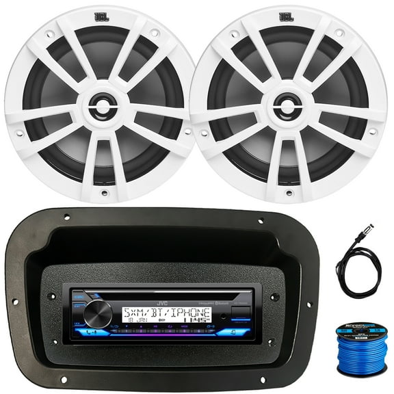 JVC KD-T92MBS Single-DIN Marine Bluetooth USB/AUX CD Player AM/FM Stereo Receiver W/Spa Bezel + Adapter Plate, 2x 6.5" 180W Max Power 2-Way Multi-Element Boat White Speakers W/50 Feet Wire, Antenna