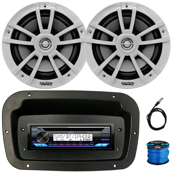 JVC KD-T92MBS Single-DIN Marine Bluetooth USB/AUX CD Player AM/FM Stereo Receiver W/Spa Bezel + Adapter Plate, 2x 6.5" 225W Max Power High-Performance 2-Way Boat Speakers W/50 Feet Wire, Antenna