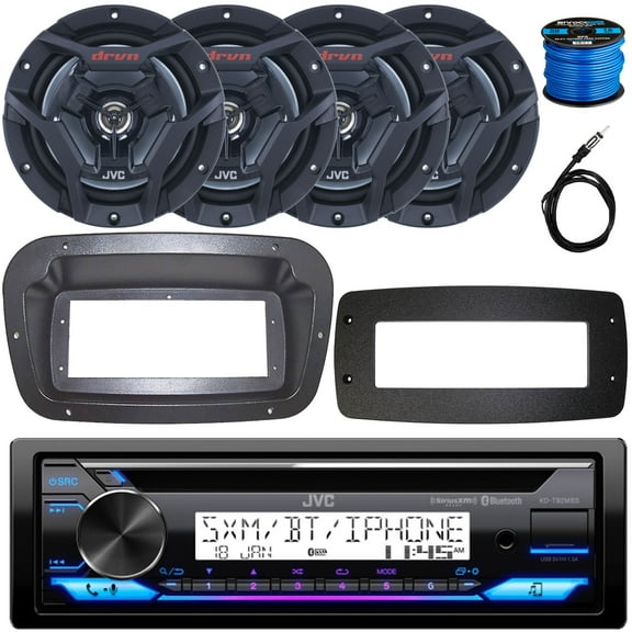 JVC KD-T92MBS Single-DIN Marine Bluetooth USB/AUX CD Player AM/FM Stereo Receiver W/Spa Bezel + Adapter Plate, 4x 6.5" 150W Max Power Waterproof 2-Way Coaxial Black Boat Speakers W/Wire, 22" Antenna