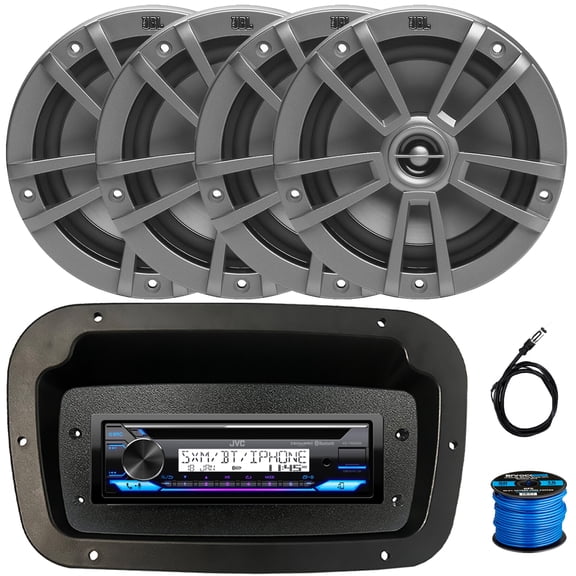 JVC KD-T92MBS Single-DIN Marine Bluetooth USB/AUX CD Player AM/FM Stereo Receiver W/Spa Bezel + Adapter Plate, 4x 6.5" 180W Max Power 2-Way Multi-Element Boat Gray Speakers W/50 Feet Wire, Antenna
