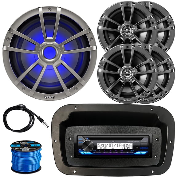 JVC KD-T92MBS Single-DIN Marine Bluetooth USB/AUX CD Player AM/FM Stereo Receiver W/Spa Bezel + Adapter Plate, 4x 6.5" 225W Max 2-Way Boat Speakers W/Wire, 10" 750W Max RGB LED Subwoofer, Antenna
