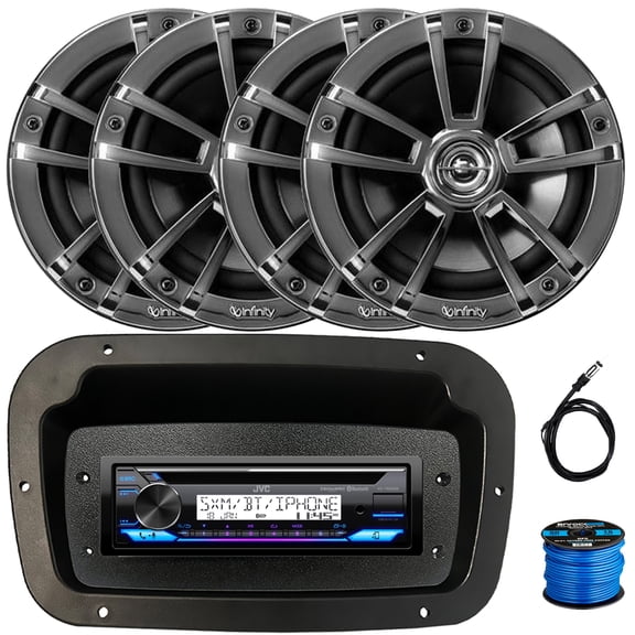 JVC KD-T92MBS Single-DIN Marine Bluetooth USB/AUX CD Player AM/FM Stereo Receiver W/Spa Bezel + Adapter Plate, 4x 6.5" 225W Max Power 2-Way Chrome Boat Speakers W/50 Feet 16 Gauge Wire, Radio Antenna