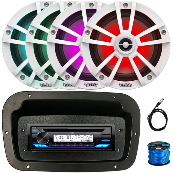 JVC KD-T92MBS Single-DIN Marine Bluetooth USB/AUX CD Player AM/FM Stereo Receiver W/Spa Bezel + Adapter Plate, 4x 6.5" 225W Max Power Coaxial Waterproof White Boat RGB LED Speakers W/Wire, Antenna