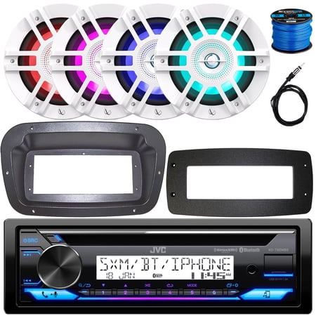 JVC KD-T92MBS Single-DIN Marine Bluetooth USB/AUX CD Player AM/FM Stereo Receiver W/Spa Bezel + Adapter Plate, 4x 6.5" 300W Max Power 2-Way Coaxial White Boat RGB LED Speakers W/50 Feet Wire, Antenna