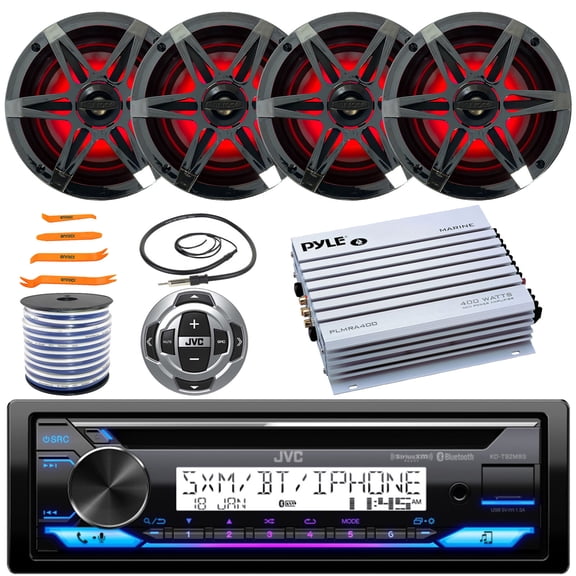 JVC KD-T92MBS Single DIN Marine Bluetooth USB/AUX CD Player AM/FM Stereo Receiver W/Wired Remote, 4x 6.5" 120W Max RGB LED Speakers W/Grilles, 4 Channel Amplifier, Antenna, Wire, Removal Pry Tool Set