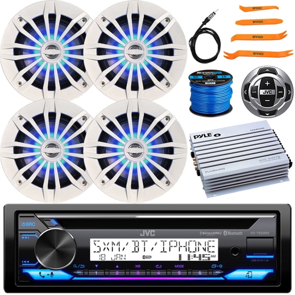 JVC KD-T92MBS Single DIN Marine Bluetooth USB/AUX CD Player AM/FM Stereo Receiver W/Wired Remote, 4x 6.5" 180W Max Blue Flashing LED White Speakers, Amplifier, Antenna, Wire, Removal Pry Tool Set