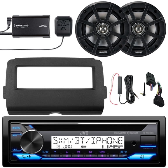 JVC KD-T92MBS Single DIN Marine Bluetooth USB/AUX CD Player AM/FM Stereo Receiver w/Install Kit, 2x 6.5" 120W Max Speakers, Amplifier Booster Kit, Satellite Vehicle Tuner Kit, Handlebar Controls