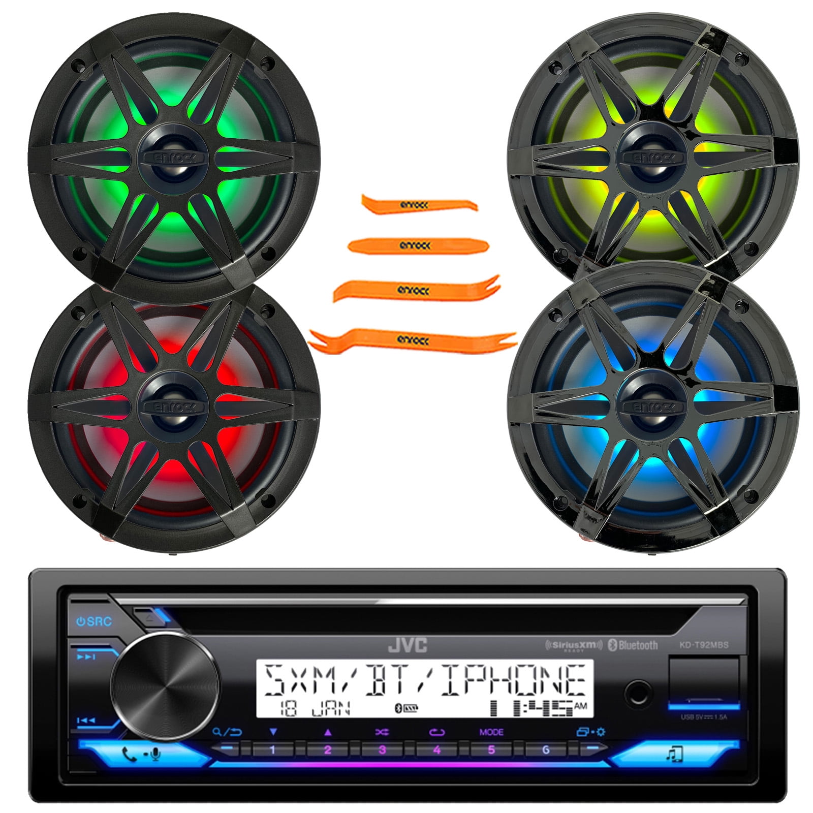 JVC KD-T92MBS Single DIN Marine MotorSports Bluetooth USB/AUX CD Player AM/FM Radio Stereo Receiver, 4x 6.5" 120W Max Power RGB LED Coaxial Boat Speakers W/Chrome and Charcoal Grilles, Pry Tool Set