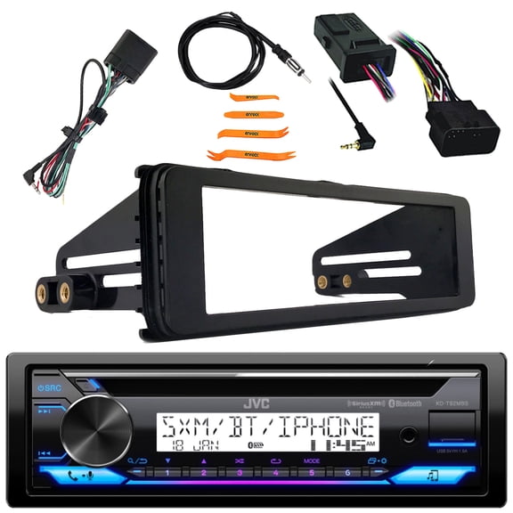 JVC KD-T92MBS Single DIN Marine MotorSports Bluetooth USB/AUX CD Player AM/FM Radio Stereo Receiver, Single-DIN Stereo Installation Kit, Handlebar Control Interface, Radio Antenna, Pry Tool Set