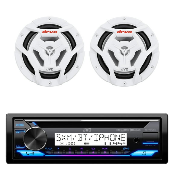 JVC KD-T92MBS Single DIN Marine MotorSports USB Bluetooth AM/FM Stereo CD Player Receiver with 2x 6.5" 150 Watt Peak Power 2-Way Waterproof Boat Audio Speakers (White)