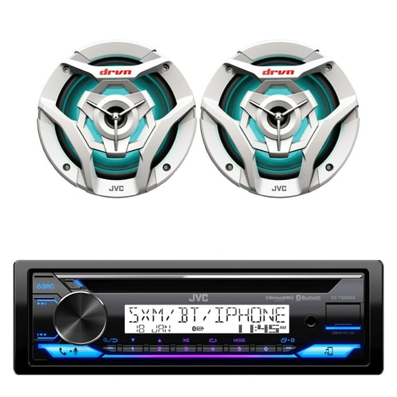 JVC KD-T92MBS Single DIN Marine MotorSports USB Bluetooth AM/FM Stereo CD Player Receiver with 2x JVC CS-DR621MWL 6.5" 260 Watt Peak Power 2-Way Multicolor LED Boat Audio Speakers (White)