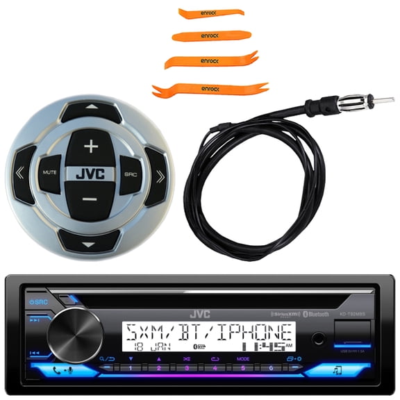 JVC KD-T92MBS Single DIN Marine Motorsports Bluetooth USB/AUX CD Player AM/FM Stereo Receiver W/Boat Wired Remote, 40" Radio Antenna, 4-Piece Plastic Car Door Trim, Dash & Stereo Removal Pry Tool Set