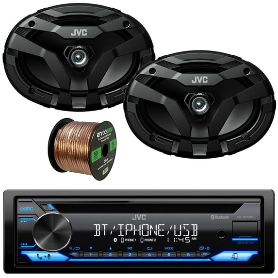 JVC KD-TD72BT Single DIN Bluetooth USB AUX AM/FM Radio CD Player Car Audio Receiver Bundle Combo with 2x 6x9" 2-Way Coaxial 400 Watts Peak Power Car Audio Speakers and 16G 50 Feet Speaker Wire