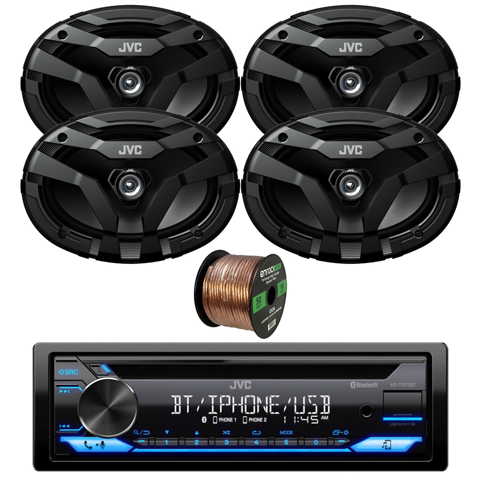 JVC KD-TD72BT Single DIN Bluetooth USB AUX AM/FM Radio Stereo CD Player Car Audio Receiver Bundle Combo with 4x 6x9" 2-Way Coaxial 400W Peak Power Car Audio Speakers, 16 Gauge 50 Feet Speaker Wire