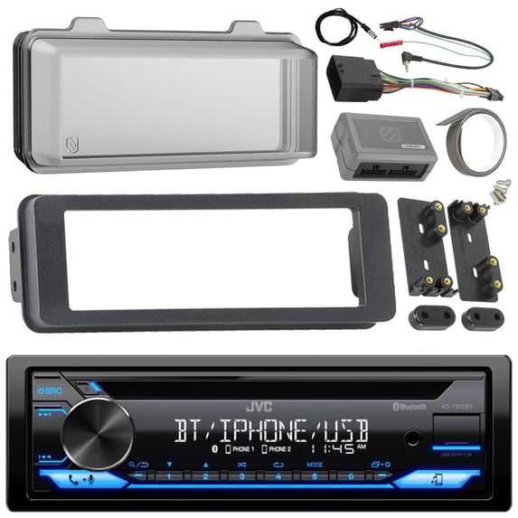 JVC KD-TD72BT Stereo CD Receiver Radio Bundle, 1998 2013 Harley Davidson Touring Flht Flhx Flhtc + Adapter Dash Kit + Handle Bar Control Module + Weathershield Cover + Enrock Wire Antenna