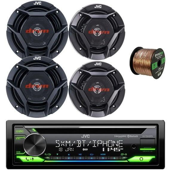 JVC KD-TD91BTS Single DIN CD Player Bluetooth USB AUX AM/FM Radio Receiver Bundle with 2x 6.75" 300W Max Shallow-Mount Car Audio Speakers, 2x 6.5" 2-Way Coaxial 300W Automotive Speakers, Speaker Wire