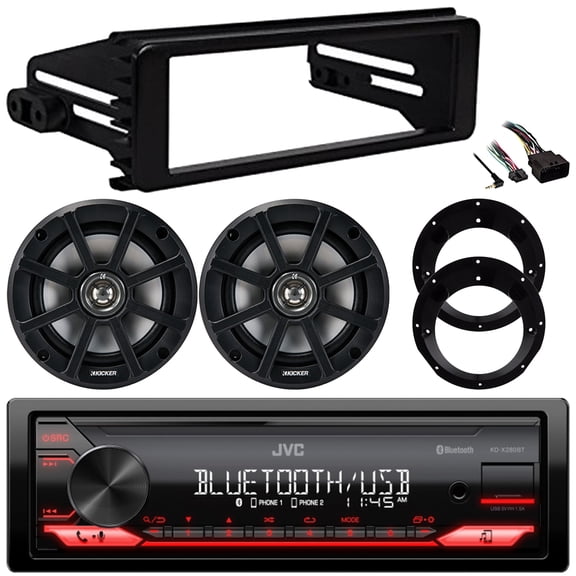 JVC KD-X280BT Single Din Bluetooth USB/AUX AM/FM Radio Digital Media Stereo In-Dash Receiver w/Install Kit, 2x 6.5" 120W Max Weather-Proof Coaxial Speakers w/Adapters (Bundle Fits 1998-2013 HD)