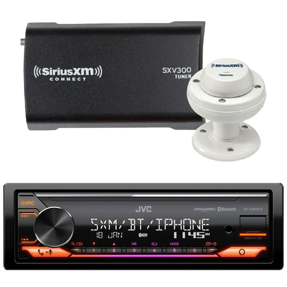 JVC KD-X380BTS Single DIN Bluetooth USB AUX AM/FM Radio Stereo LED Illumination SiriusXM Ready Amazon Alexa Car Audio Receiver Satellite Radio Tuner Bundle with SRA50 Marine/RV Antenna