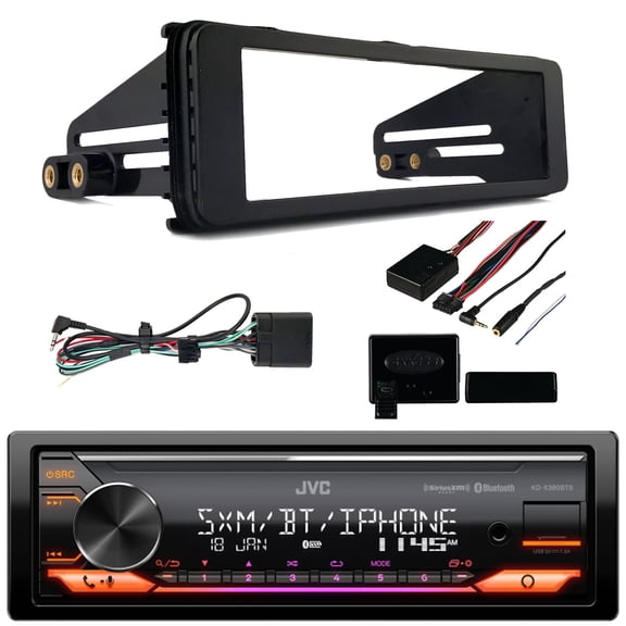 JVC KD-X380BTS Single DIN Bluetooth USB AUX AM/FM Radio Stereo LED SiriusXM Ready Amazon Alexa Car Audio Receiver,98-2013 Harley Install Adapter/Install Dash Kit, Handlebar Control Interface