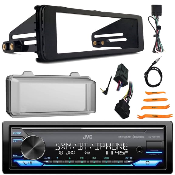 JVC KD-X380BTS Single DIN Bluetooth USB/AUX LED AM/FM SiriusXM Ready Amazon Alexa Stereo Receiver, Stereo Install Kit + Radio Cover, Handlebar Control Interface, Antenna, 4-Piece Removal Pry Tool Set