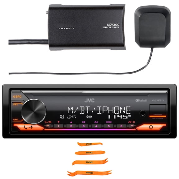 JVC KD-X380BTS Single DIN Bluetooth USB/AUX LED Illumination AM/FM Radio SiriusXM Ready Amazon Alexa Car Audio Stereo Receiver, Satellite Radio Vehicle Tuner Kit, 4-Piece Removal Pry Tool Set