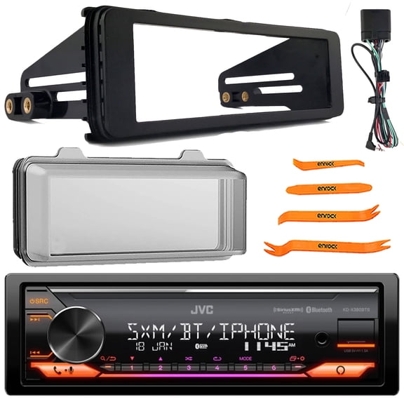 JVC KD-X380BTS Single DIN Bluetooth USB/AUX LED Illumination AM/FM SiriusXM Ready Amazon Alexa Stereo Receiver, Single-DIN Stereo Install Kit, Weather Shield Radio Cover, Pry Tool Set (1998-2013)