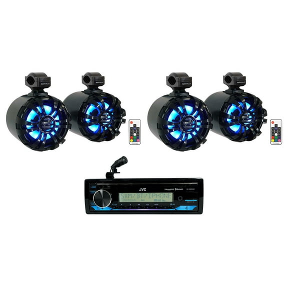 JVC KD-X38MBS Marine Bluetooth Stereo Receiver+(4) 6.5" Black LED Tower Speakers