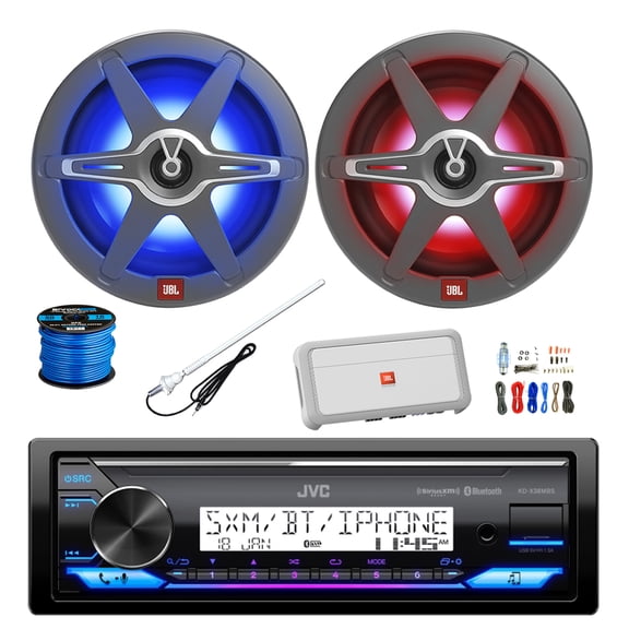 JVC KD-X38MBS Single DIN Marine Bluetooth AM/FM Stereo Receiver, 2x 8" 450 Watt 2-Way Multicolor LED Outdoor Audio Speakers, Amplifier w/Install Kit, Radio Antenna, Wire