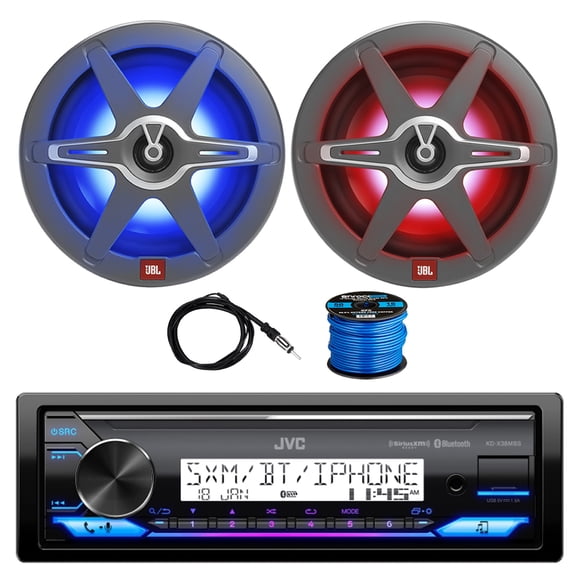 JVC KD-X38MBS Single DIN Marine Bluetooth AM/FM Stereo Receiver, 2x 8" 450 Watt 2-Way Multicolor LED Outdoor Audio Speakers, Radio Antenna, Wire