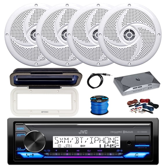 JVC KD-X38MBS Single DIN Marine Bluetooth AM/FM Stereo Receiver, 4-Channel Amplifier w/Install Kit, 4X 5.25" 180 Watt 2-Way Slim Low Profile Audio Speakers (White) w/ Wire, Radio Cover, Antenna