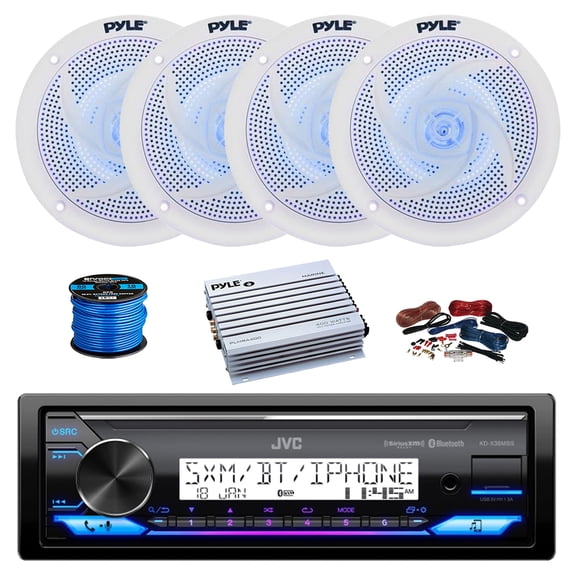 JVC KD-X38MBS Single DIN Marine Bluetooth AM/FM Stereo Receiver, 4-Channel Amplifier w/Install Kit, 4X 5.25" 180 Watt 2-Way Slim Low Profile Blue Flashing LED Audio Speakers (White) w/ Wire