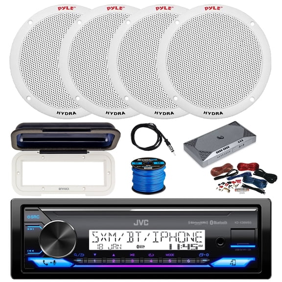 JVC KD-X38MBS Single DIN Marine Bluetooth AM/FM Stereo Receiver, 4-Channel Amplifier w/Install Kit, 4X 6.5" 400 Watt 2-Way Dual Cone Full Range Audio Speakers (White) w/ Wire, Radio Cover, Antenna