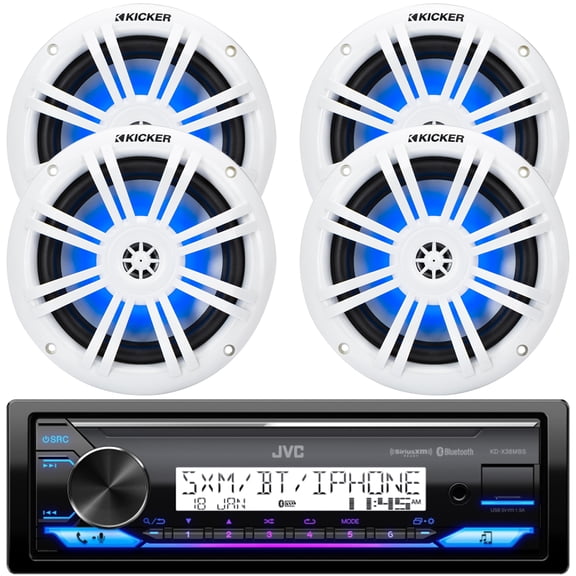 JVC KD-X38MBS Single-DIN Marine Bluetooth MotorSports USB/AUX LED AM/FM Radio Stereo SiriusXM Ready Receiver Bundle Combo Two Pairs (QTY 4) Of 6.5" 150 Watt Max Power 4O RGB LED Boat Coaxial Speakers