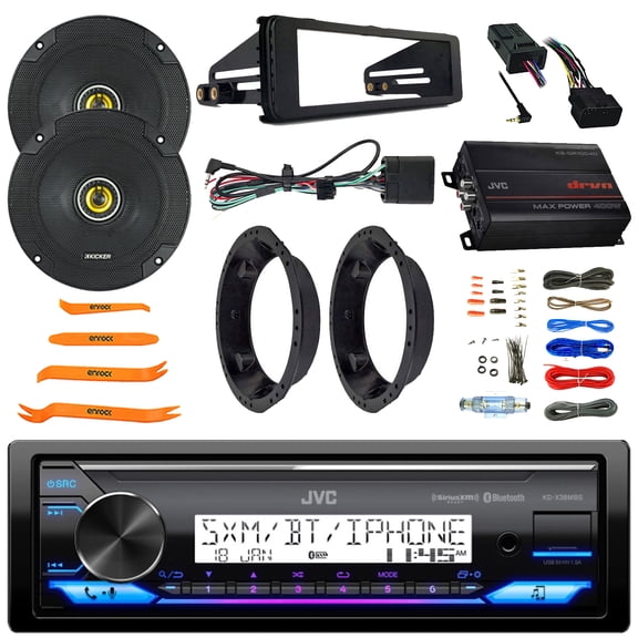 JVC KD-X38MBS Single DIN Marine Bluetooth USB/AUX LED AM/FM SiriusXM Ready Receiver W/Install Kit, 2x 6.5" 300W Max Speakers W/Adapters, Amplifier W/Kit, Handlebar Control Interface, Pry Tool Set