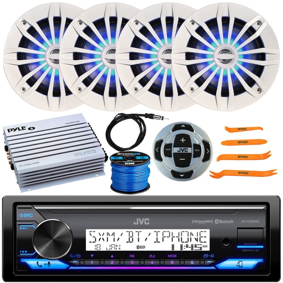 JVC KD-X38MBS Single DIN Marine Bluetooth USB/AUX LED AM/FM SiriusXM Ready Receiver W/Wired Remote, 4x 6.5" 180W Max Blue LED White Speakers, Amplifier, Antenna, Wire, 4-Piece Removal Pry Tool Set