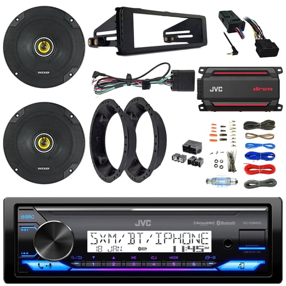 JVC KD-X38MBS Single-DIN Marine Bluetooth USB/AUX LED AM/FM Stereo Receiver W/Install Kit, 2x 6.5" 300W Max Speakers W/Adapters, 4-Channel Amplifier W/Kit + Power Block, Handlebar Control Interface