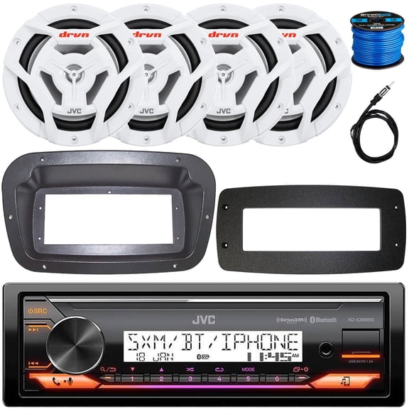 JVC KD-X38MBS Single-DIN Marine Bluetooth USB/AUX LED AM/FM Stereo SiriusXM Ready Receiver W/Spa Bezel + Adapter Plate, 4x 6.5" 150W Max Power 2 Way Coaxial White Boat Speakers W/50 Feet Wire, Antenna