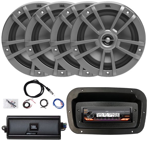 JVC KD-X38MBS Single-DIN Marine Bluetooth USB/AUX LED AM/FM Stereo SiriusXM Ready Receiver W/Spa Bezel + Adapter Plate, 4x 6.5" 180W Max 2-Way Boat Gray Speakers, 4-Channel Amplifier W/Kit, Antenna