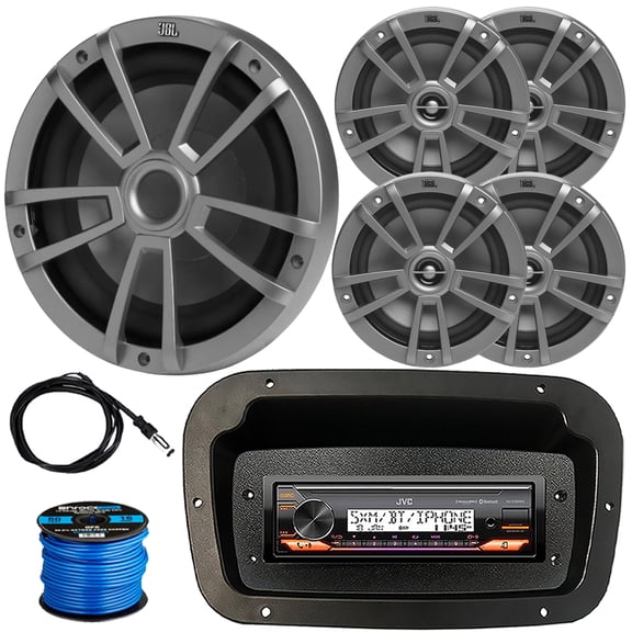 JVC KD-X38MBS Single-DIN Marine Bluetooth USB/AUX LED AM/FM Stereo SiriusXM Ready Receiver W/Spa Bezel + Adapter Plate, 4x 6.5" 180W Max 2-Way Boat Speakers W/Wire, 10" 600W Max Subwoofer, Antenna