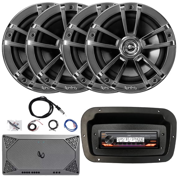 JVC KD-X38MBS Single-DIN Marine Bluetooth USB/AUX LED AM/FM Stereo SiriusXM Ready Receiver W/Spa Bezel + Adapter Plate, 4x 6.5" 225W Max 2-Way Chrome Boat Speakers, 4 Channel Amplifier W/Kit, Antenna