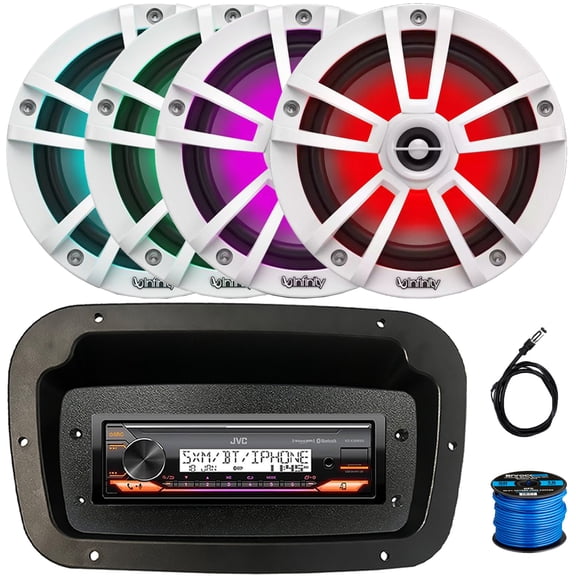 JVC KD-X38MBS Single-DIN Marine Bluetooth USB/AUX LED AM/FM Stereo SiriusXM Ready Receiver W/Spa Bezel + Adapter Plate, 4x 6.5" 225W Max Power Coaxial White Boat RGB LED Speakers W/Wire, Antenna
