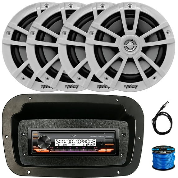 JVC KD-X38MBS Single-DIN Marine Bluetooth USB/AUX LED AM/FM Stereo SiriusXM Ready Receiver W/Spa Bezel + Adapter Plate, 4x 6.5" 225W Max Power High-Performance 2-Way Boat Speakers W/Wire, Antenna