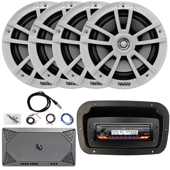 JVC KD-X38MBS Single-DIN Marine Bluetooth USB/AUX LED AM/FM Stereo SiriusXM Ready Receiver W/Spa Bezel + Adapter Plate, 4x 6.5" 225W Max Power White Boat Speakers, 4 Channel Amplifier W/Kit, Antenna