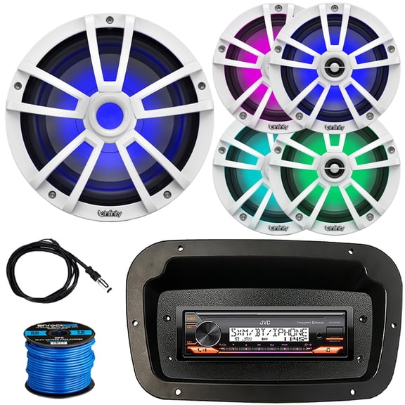 JVC KD-X38MBS Single-DIN Marine Bluetooth USB/AUX LED AM/FM Stereo SiriusXM Ready Receiver W/Spa Bezel + Adapter Plate, 4x 6.5" 225W Max RGB LED Speakers W/Wire, 10" 750W Max Subwoofer, Antenna