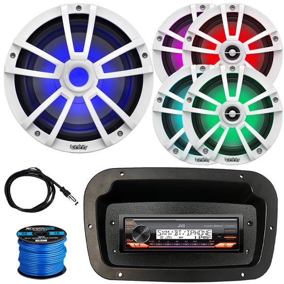 JVC KD-X38MBS Single-DIN Marine Bluetooth USB/AUX LED AM/FM Stereo SiriusXM Ready Receiver W/Spa Bezel + Adapter Plate, 4x 6.5" 225W Max Speakers W/Wire, 10" 750W Max RGB LED Subwoofer, Antenna