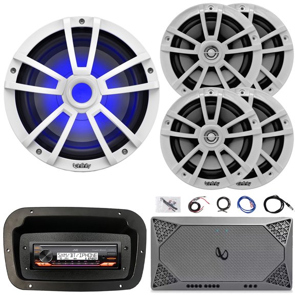 JVC KD-X38MBS Single-DIN Marine Bluetooth USB/AUX LED AM/FM Stereo SiriusXM Ready Receiver W/Spa Bezel + Adapter Plate, 4x 6.5" 225W Peak Speakers, 10" 750W Max Subwoofer, Amplifier W/Kit, Antenna