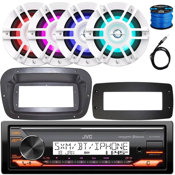JVC KD-X38MBS Single-DIN Marine Bluetooth USB/AUX LED AM/FM Stereo SiriusXM Ready Receiver W/Spa Bezel + Adapter Plate, 4x 6.5" 300W Max Power 2-Way Coaxial White Boat RGB LED Speakers W/Wire, Antenna