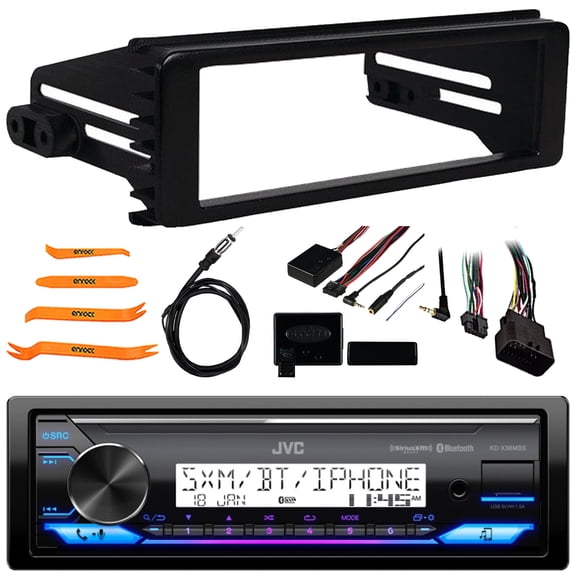 JVC KD-X38MBS Single DIN Marine MotorSports Bluetooth USB/AUX LED AM/FM Radio SiriusXM Ready Stereo Receiver, Stereo Installation Kit, Steering Wheel Control Interface, Radio Antenna, Pry Tool Set
