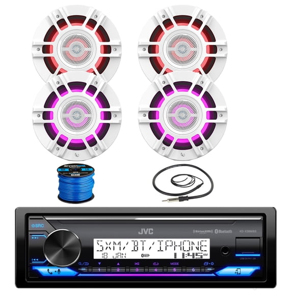 JVC KD-X38MBS Single DIN Marine MotorSports Bluetooth USB AUX LED AM/FM Radio Stereo Receiver, 4x 8" 500 Watts Peak Power 3-Way Premium RGB Lighting Speaker, Speaker Wire, Antenna